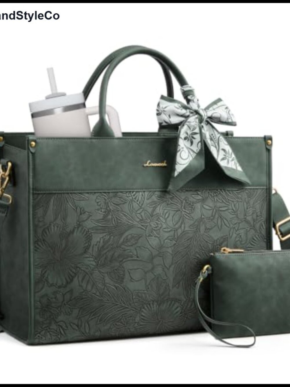 Vintage Floral Embossed Laptop Tote Bag with Cup Holder, Fits 15.6 Inch Computer